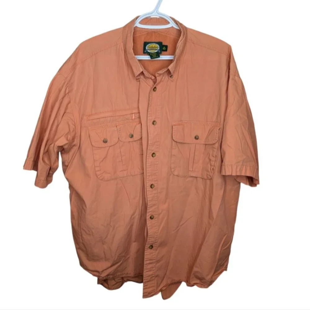Cabela's Mens Orange Short Sleeve Button Down Fishing Shirt w/ Pockets XL Reg